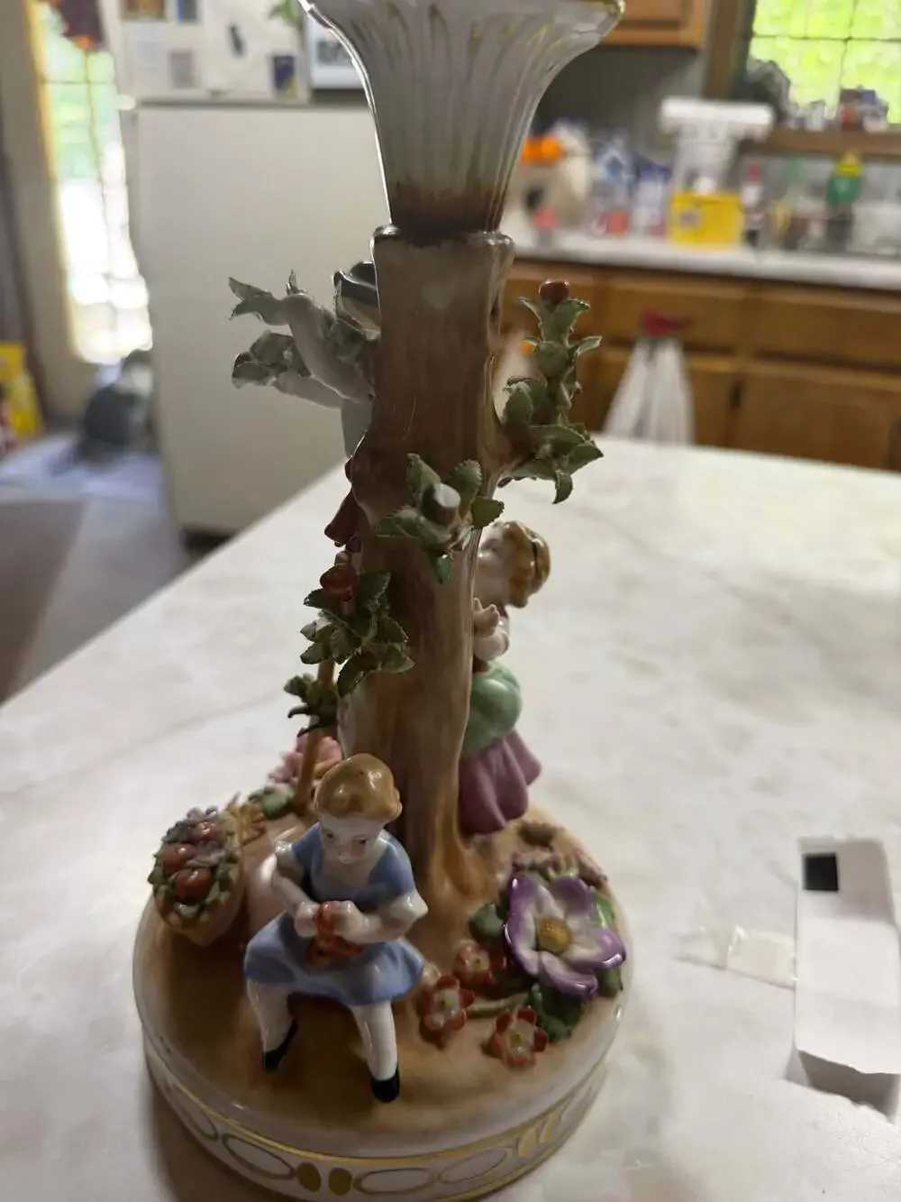 Von Schierholz German Porcelain Figural Compote Candlestick Apple Harvesters